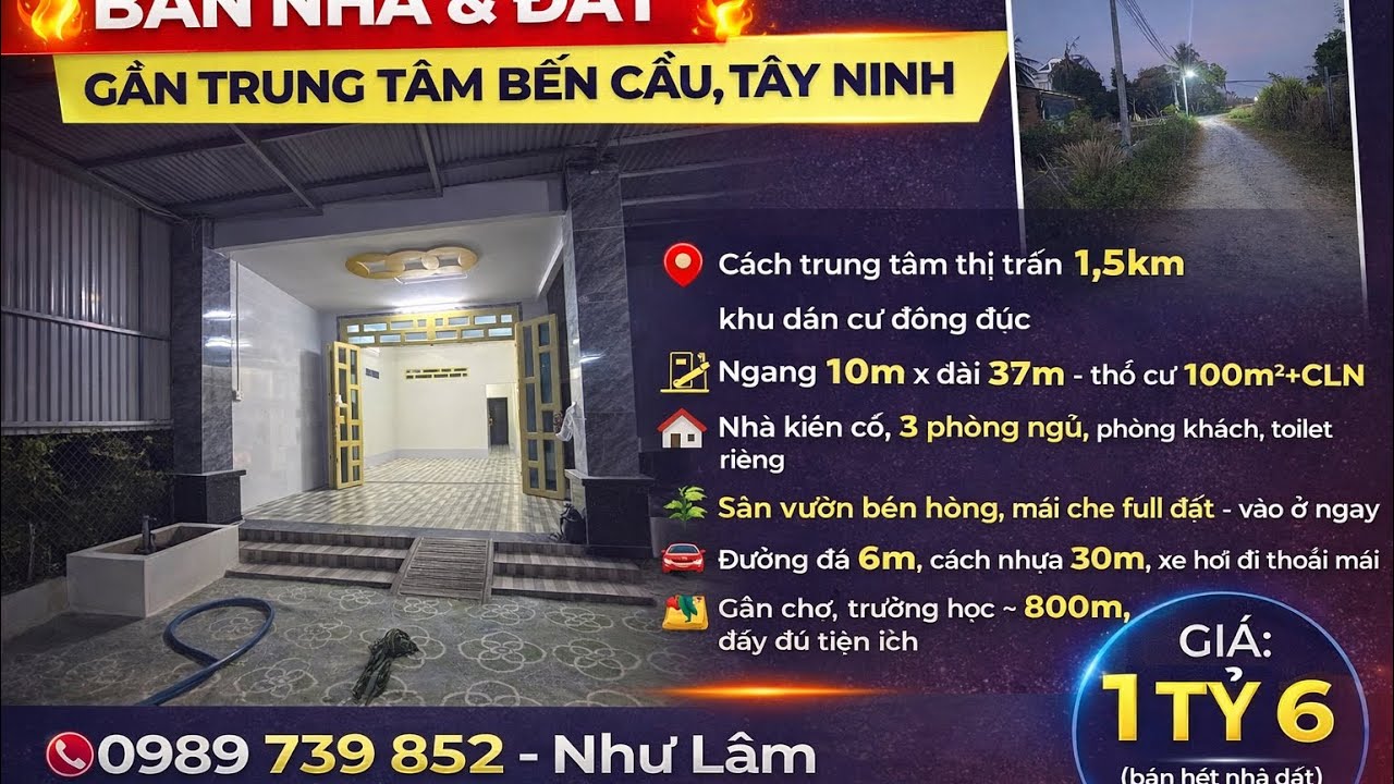 BÁN NHÀ & ĐẤT GẦN TRUNG TÂM BẾN CẦU TN 🏡10x37 thổ 100mv giá 1tỏi600
