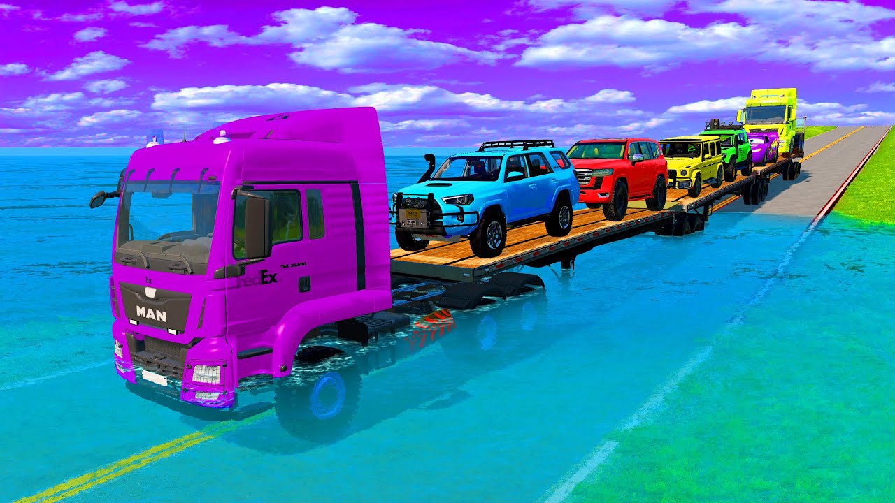 Triple Flatbed Trailer McQueen Transportation with Truck   Speedbumps vs Cars vs Train   BeamNG #09