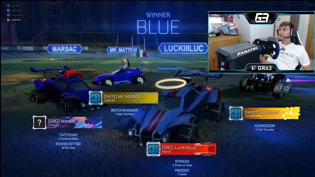 George Russell plays Rocket League! with charles leclerc, lando norris and alex albon