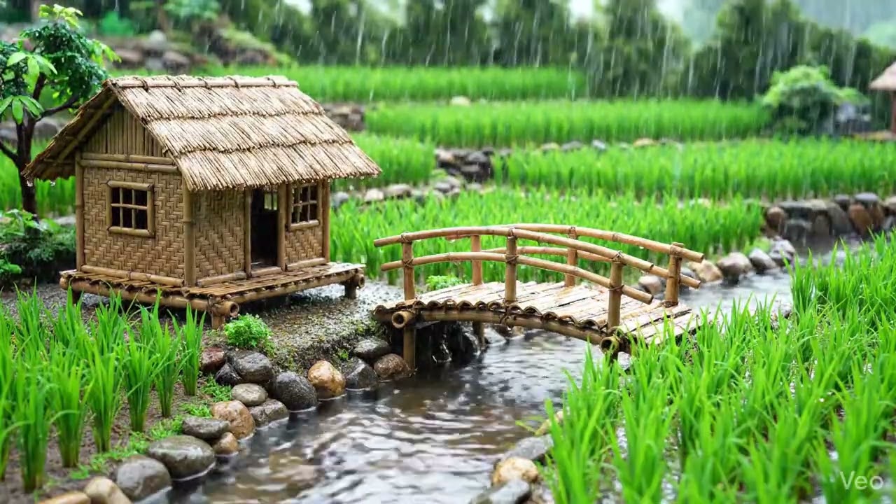 Gentle Rain Falling Over a Quiet Bamboo Hut in Lush Green Rice Fields | Peaceful Countryside Ambienc