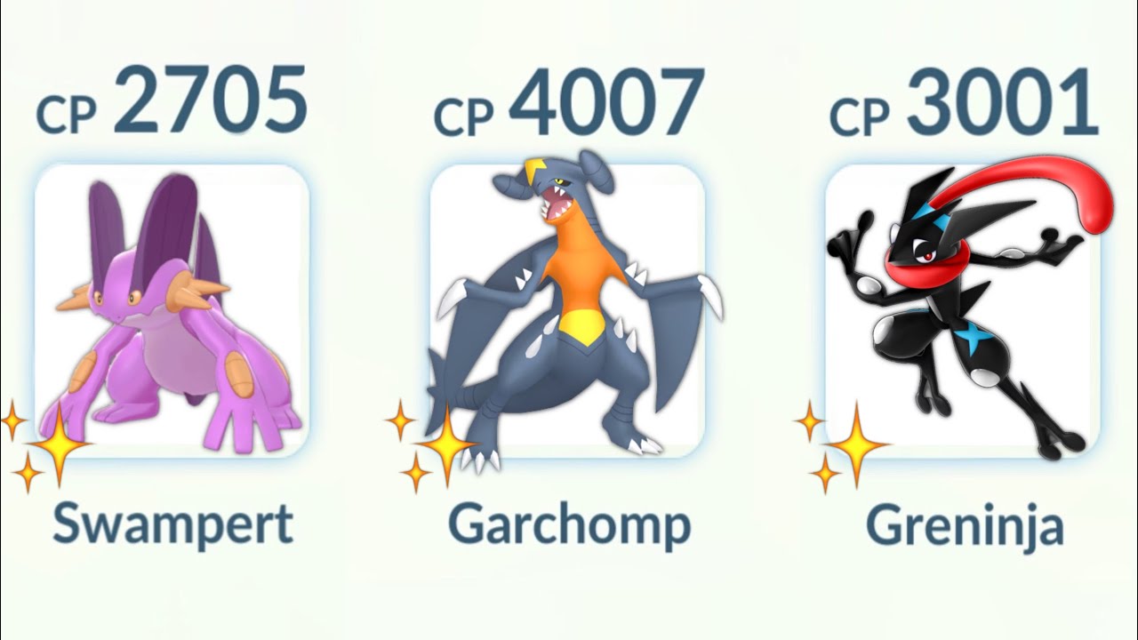 Triple Shiny (Swampert, Greninja, Garchomp) team in Pokemon GO.
