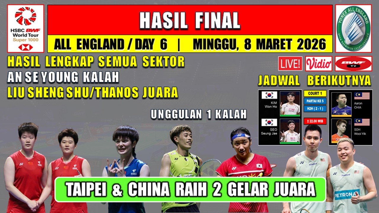 UNGGULAN 1 KALAH ~ Hasil Final All England Open 2026 Hari Ini ~ TIAPEI & CHINA RAIH 2 GELAR