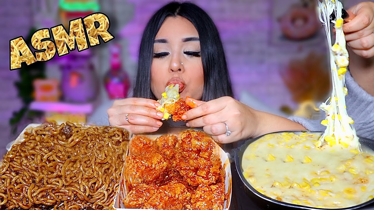 ASMR MUKBANG EATING SPICY KOREAN FRIED CHICKEN, BLACK BEAN NOODLES, CHEESE CORN EATING SOUNDS 먹방