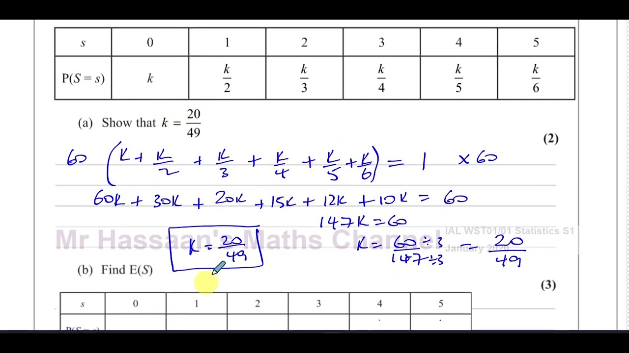 WST01/01, (IAL), Edexcel, S1, Jan 2020, Q6, Discrete Random Variables