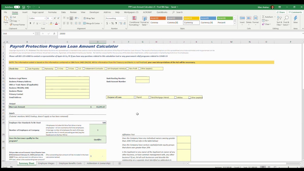 The Squire SBA Payroll Protection Program (PPP) Calculator Tool Tutorial V.2