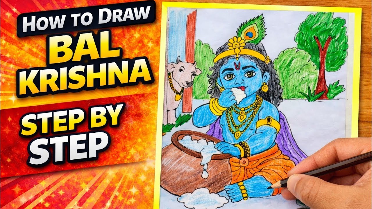 Easy Bal Krishna Drawing Step by Step|Lord Krishna Makhan Chor Drawing with Colour|Janmashtami Art