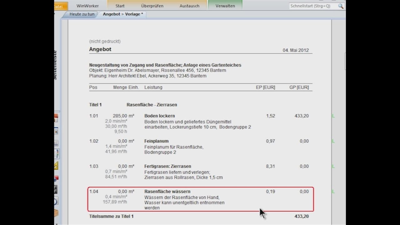 Angebote mit Leistungstexten erstellen mit WinWorker für den GaLaBau