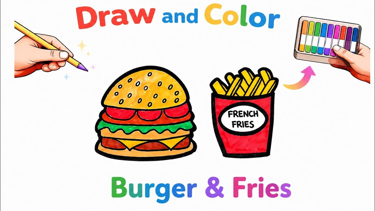 How to Draw a Burger and Fries | Drawing Easy Step by Step Tutorial |Drawing Burger and Fries