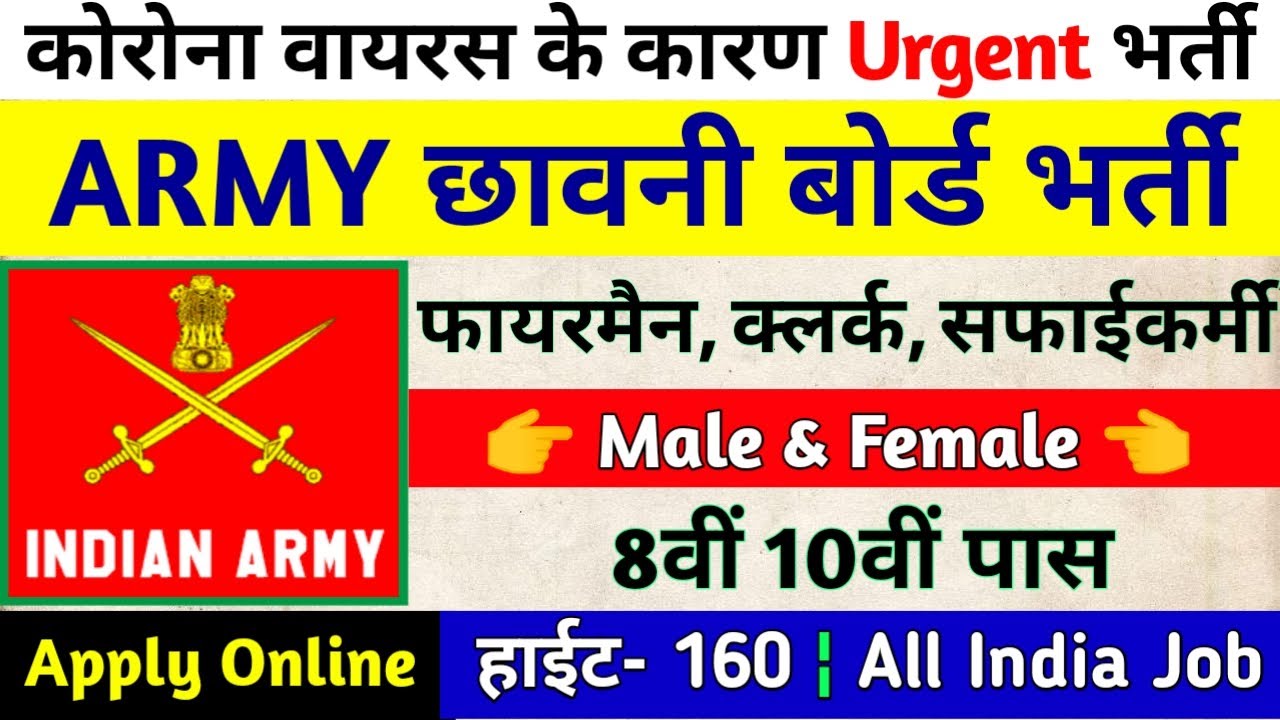 Ministry of defence recruitment 2020 / 10th Pass Job / Cantonment board 2020 / All India male/female