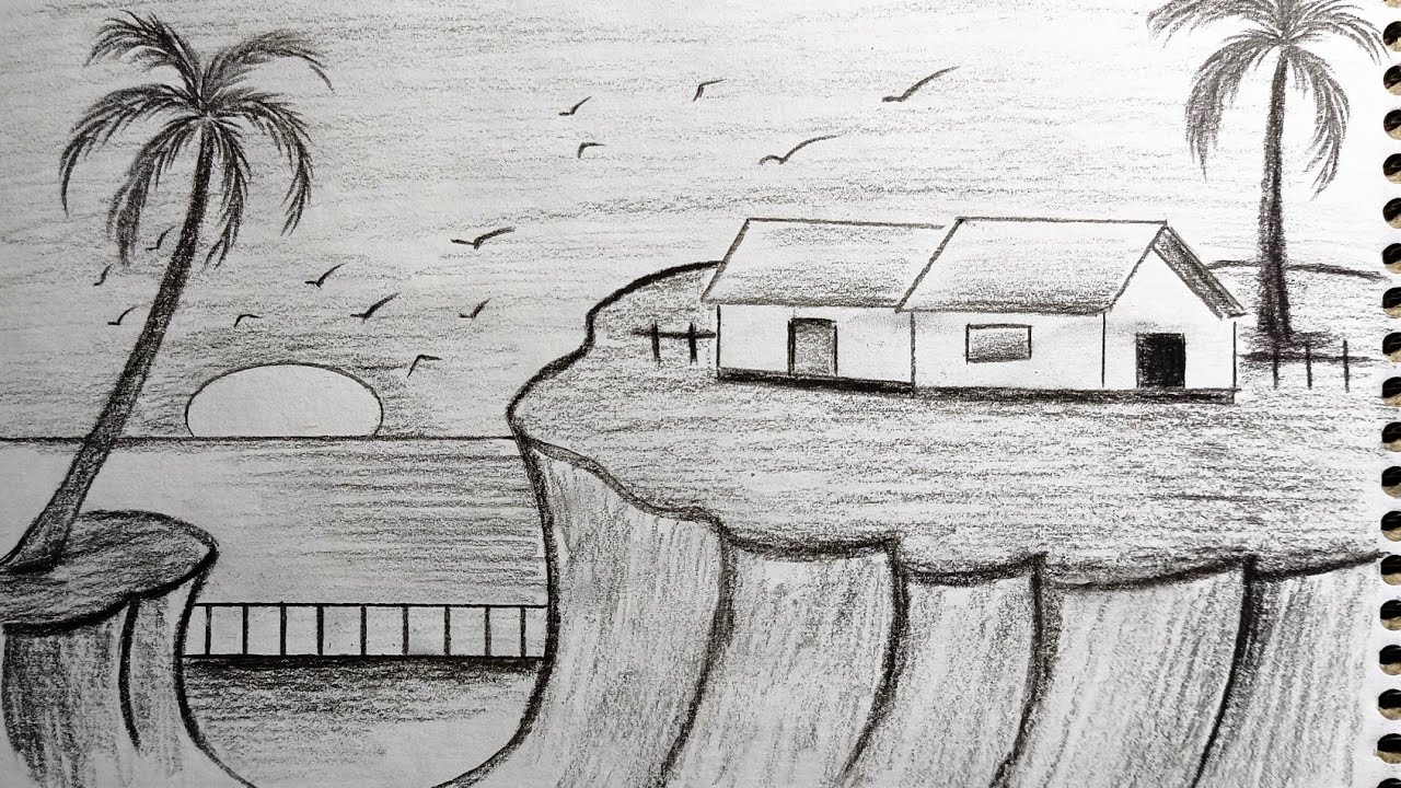 Easy Pencil Scenery Drawing | House on Cliff Step by Step