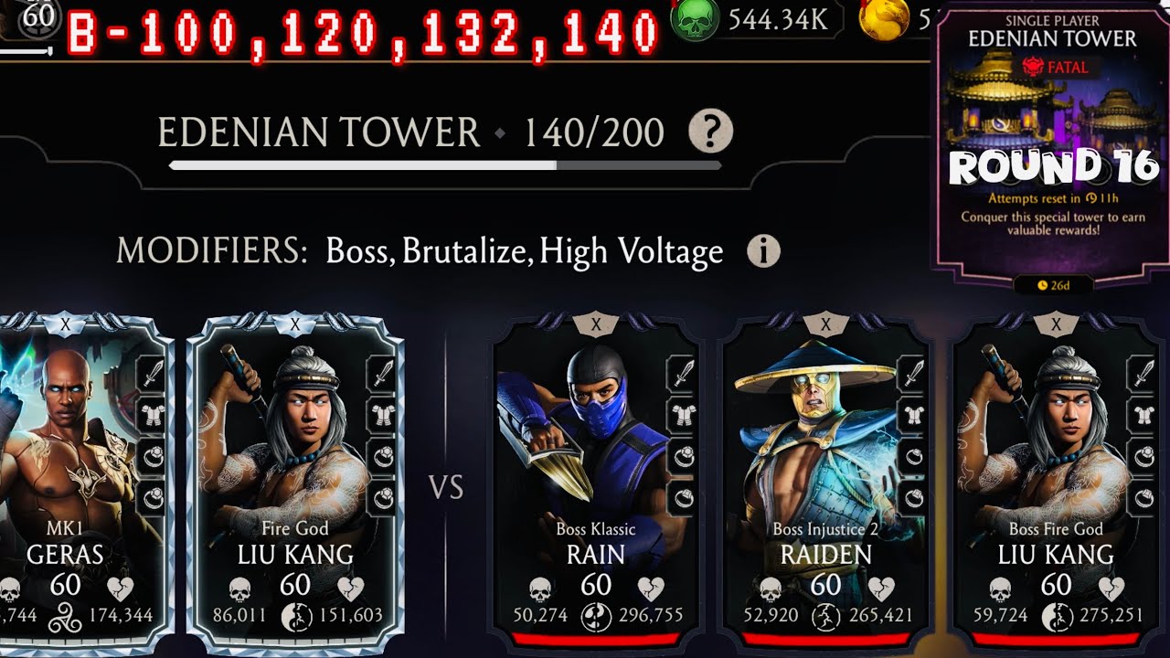 Fatal Edenian Tower Boss Battle 100, 120 & 140 Fight + Rewards Mortal Kombat Mobile | FG Liu Kang