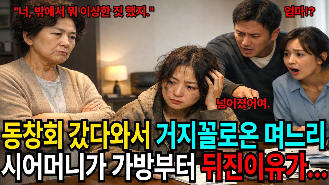 동창회 갔다 온 며느리 거지꼴로 들어오자, 시어머니가 가방부터 뒤졌습니다.