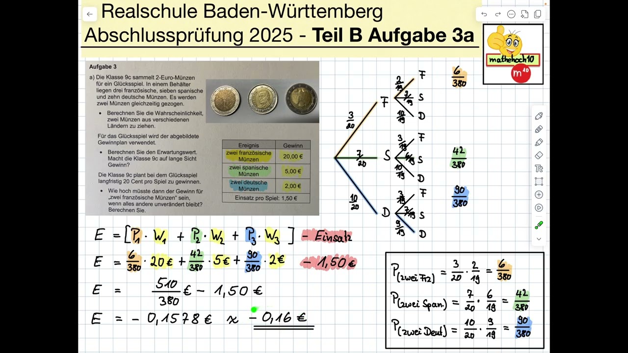 Abschlussprüfung 2025 Klasse 10 Realschule BW B Nr.3a mathehoch10 einfach erklärt I Erwartungswert