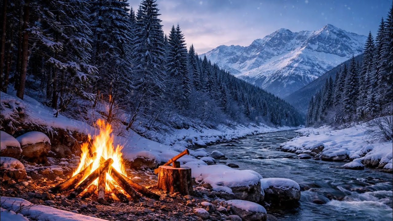 Cozy Winter Campfire by the Mountain River 🔥 2 Hours Relaxing Nature Ambience