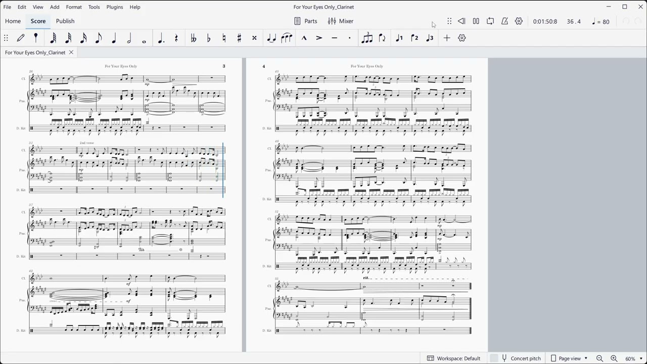For Your Eyes Only (Bill Conti & Michael Leeson).  Music arranged for Bb clarinet, piano, and drums.