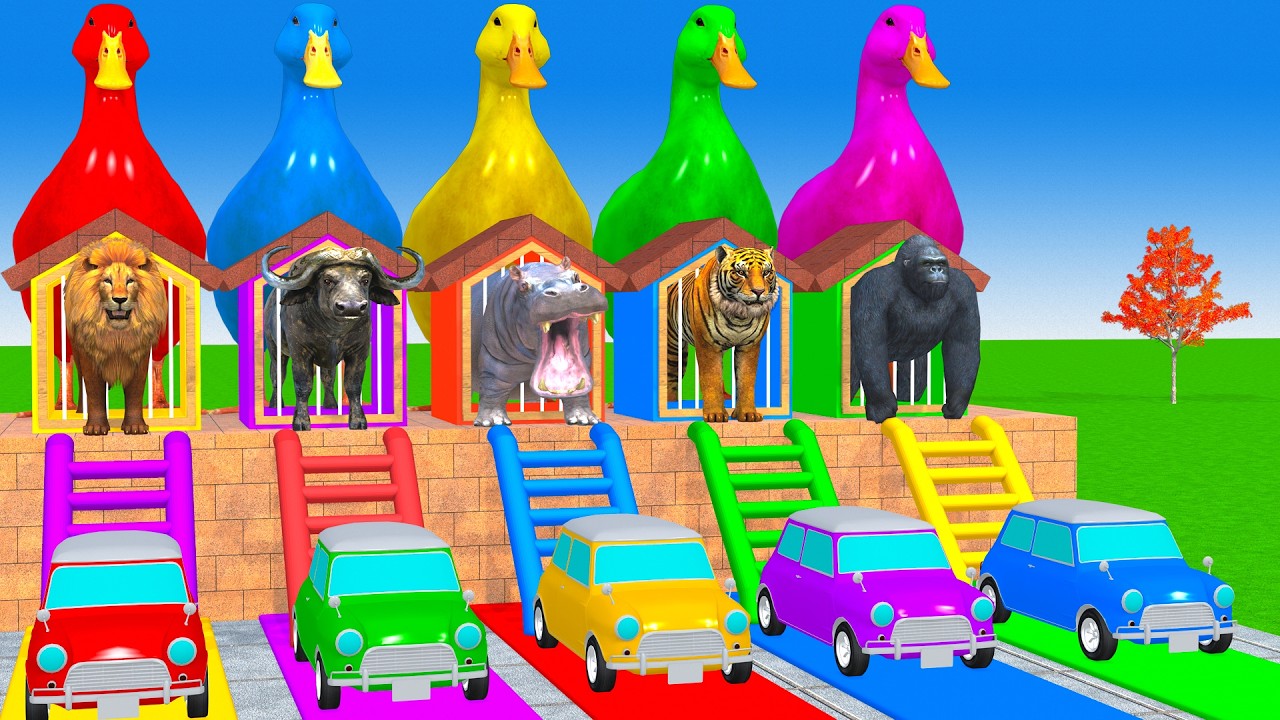 Long Slide Game With Cow Elephant Gorilla Hippopotamus Tiger - 3d Animal Game - Funny 3d Animals