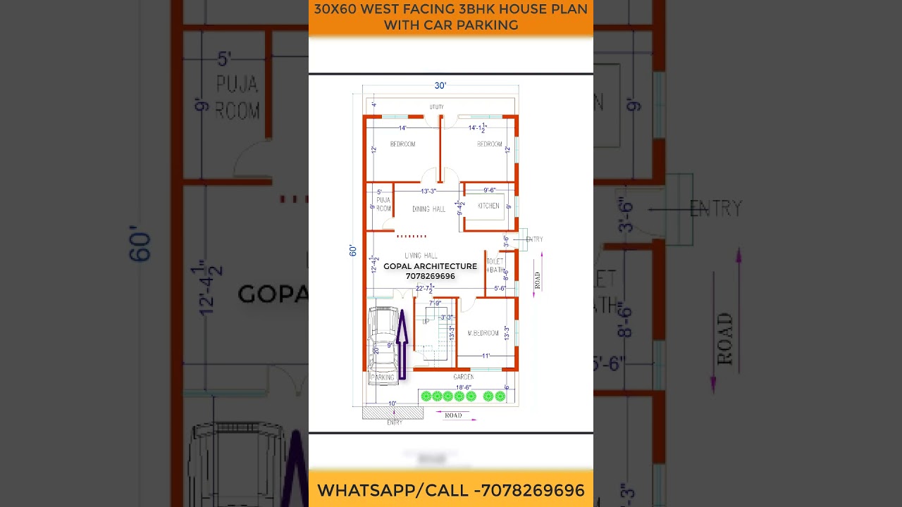 30X60 WEST FACING 3BHK HOUSE PLAN WITH CAR PARKING, GOPAL ARCHITECTURE