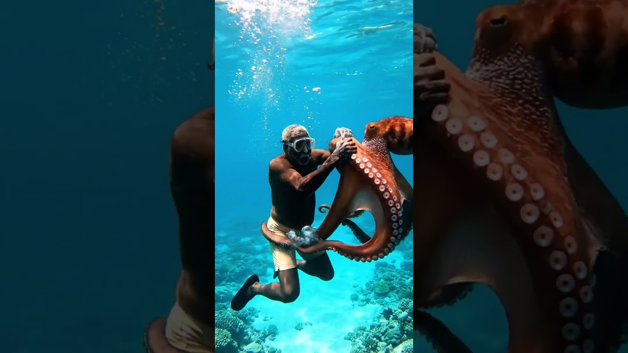 A man fight with gaint octopus 