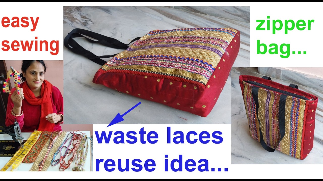 cutting & sewing shopping bag / bag banane ka tarika / zipper bag making at home / waste lace reuse