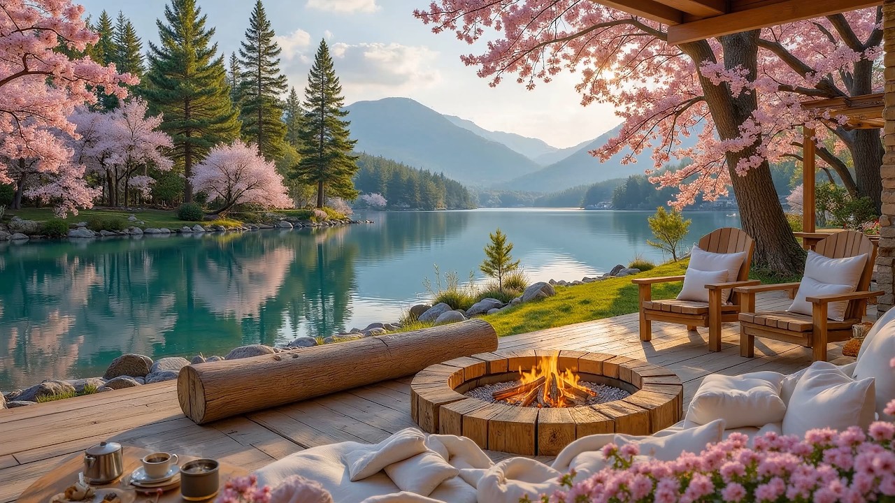 Fresh Spring Morning by the Lake 🌸 Gentle Piano & Soft Fireplace for Relax, Work