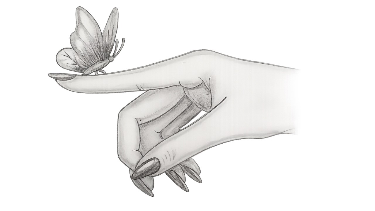 Butterfly on Finger Pencil Sketch / Drawing Step by Step Tutorial#sketching #art #drawingtechniques