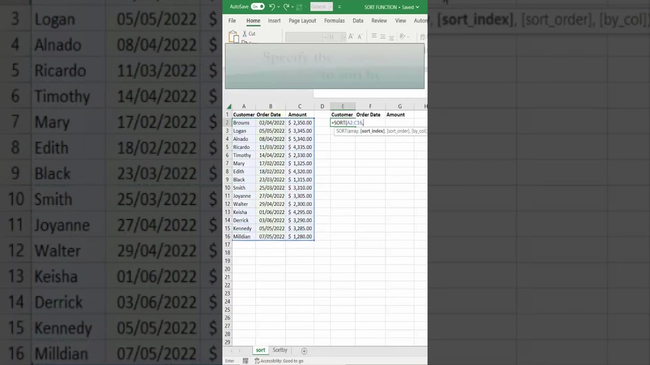 Sorting Data in Excel using SORT Function