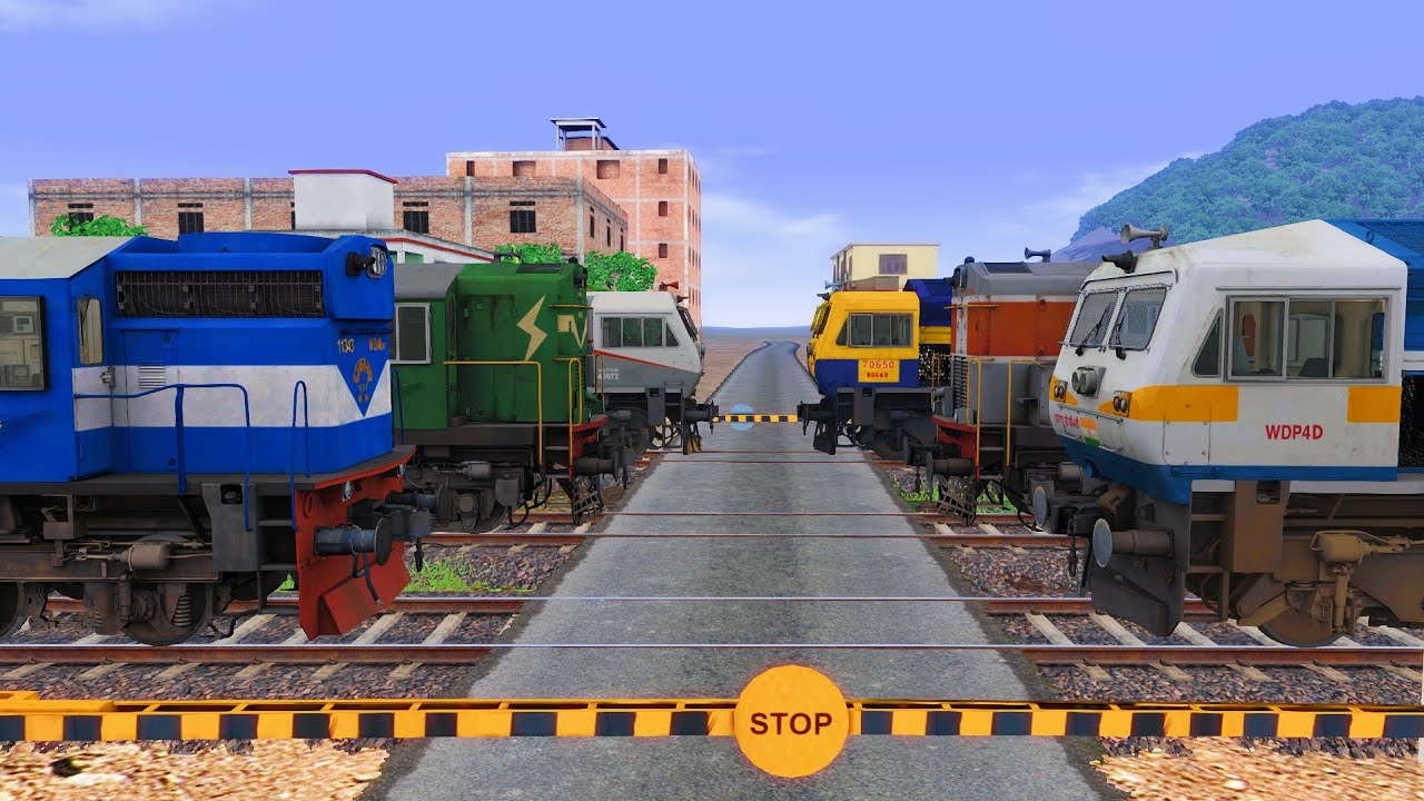 6 Diesel Trains Crossing Back to Back at Railroad Crossing - Train Simulator 2022