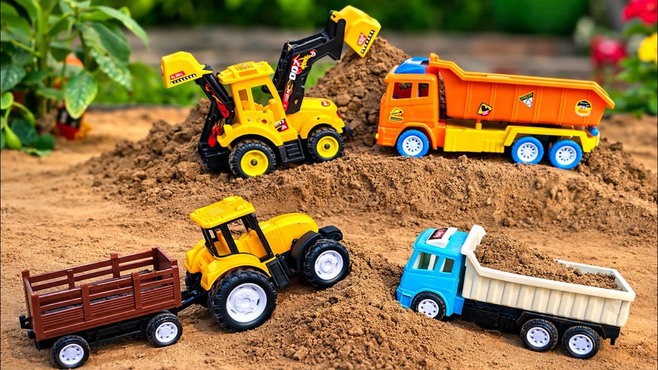 Toy JCB Excavator Sand Loading | Mini Tractor Trailer Carrying Sand Construction Video