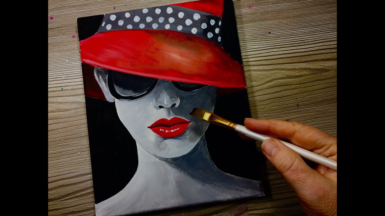 LADY IN RED HAT / Acrylic Fashion Painting / How To Step By Step