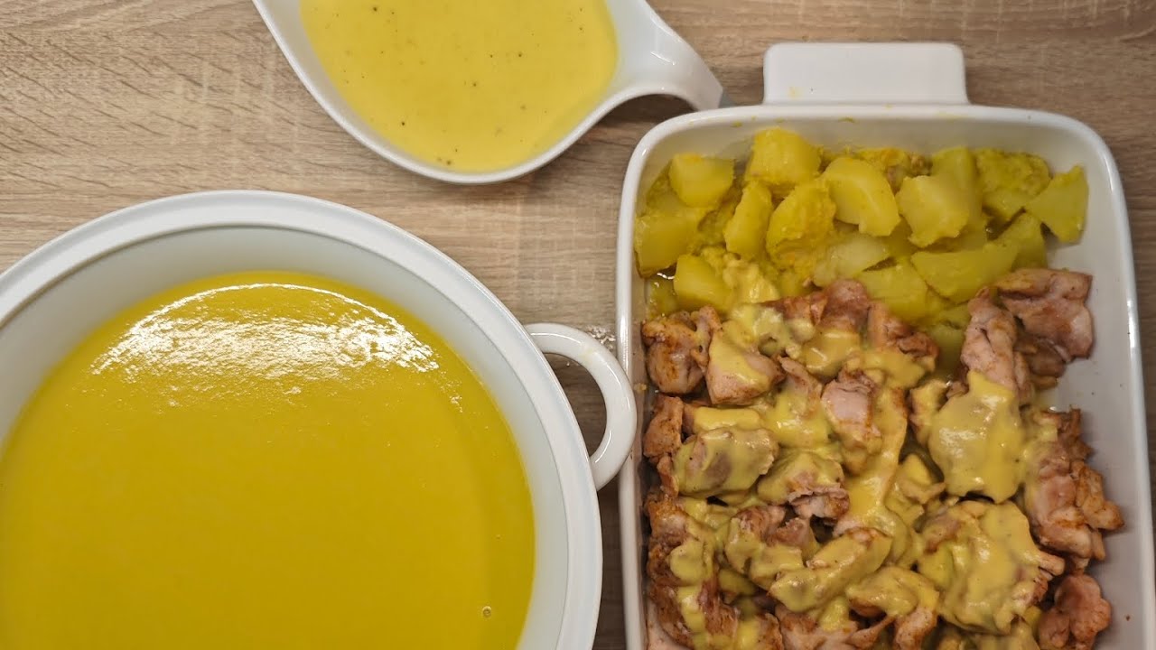 CREMA DE VERDURAS Y POLLO EN SALSA Mini cheescakes con mango