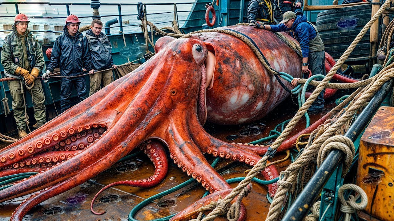 How Fishermen Catch Millions of Cod and Giant Squid Every Day - Long Line Squid Fishing at Sea