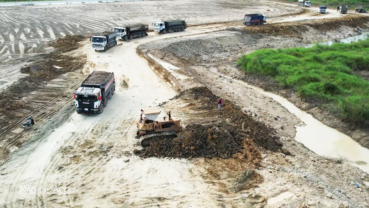 Huge Beach Landfilling Experience Bulldozer Moving Dirt With Dump Truck Unloading