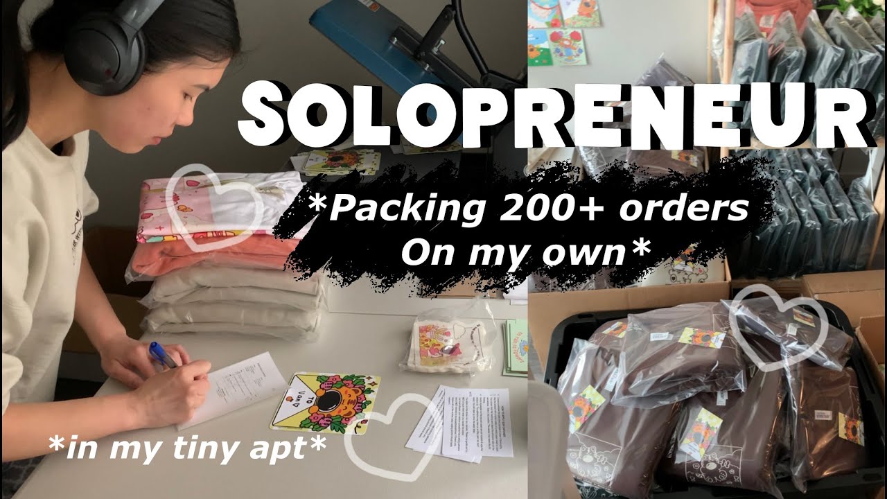 Packing 200+ orders on my own for my clothing brand at my tiny apt ♡ life as a solopreneur vlog