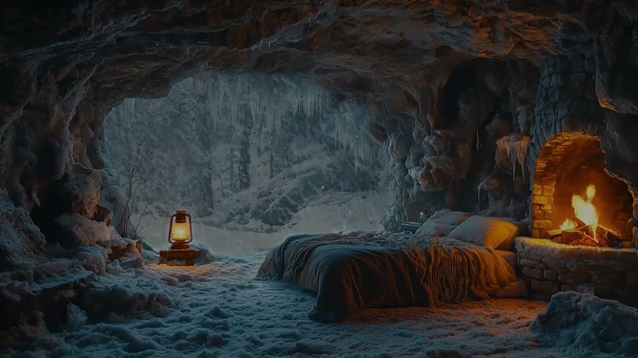 Snowstorm Outside a Cozy Stone Cabin | Fireplace & Blizzard Ambience for Sleep, Reading & Relaxation