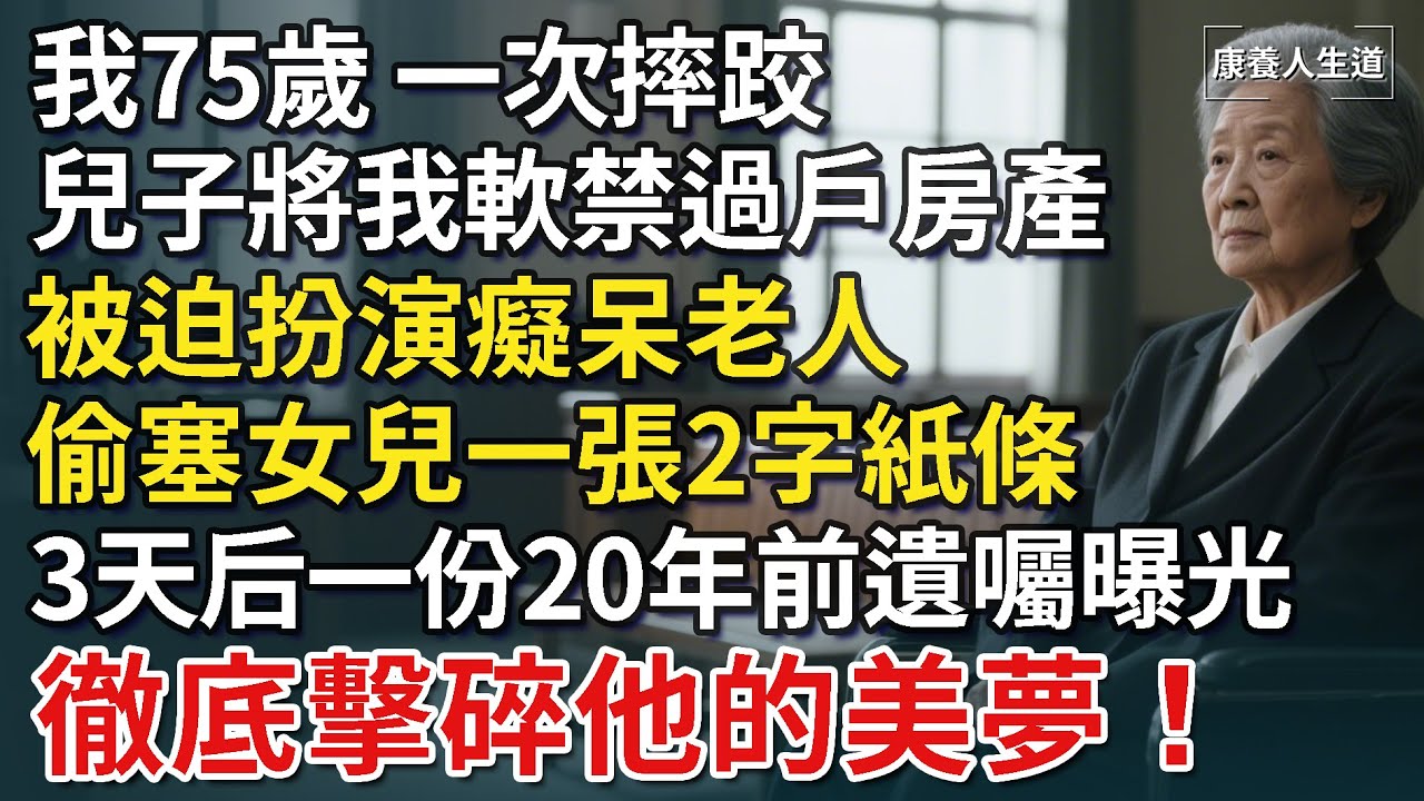 我75歲，一次摔跤，被兒子軟禁家中，被迫扮演癡呆老人，偷塞女兒一張2字紙條，法庭上一份20年前的遺囑曝光，結局讓人不敢相信！【康養人生道】 #康養人生道 #上了年紀該明白的事 #養老 #聰明老人