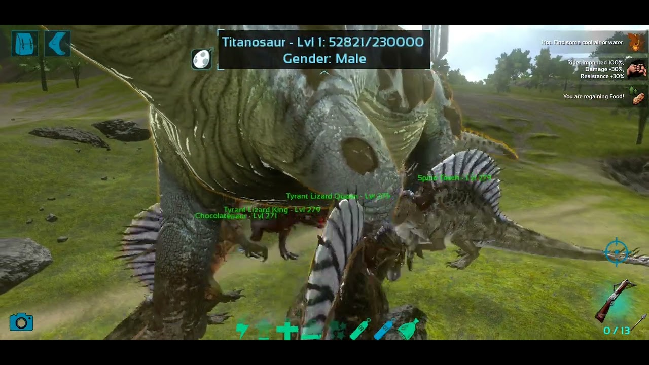 My 3 Spino's & My 2 Rex's vs Wild Titanosaur (Ark Mobile).