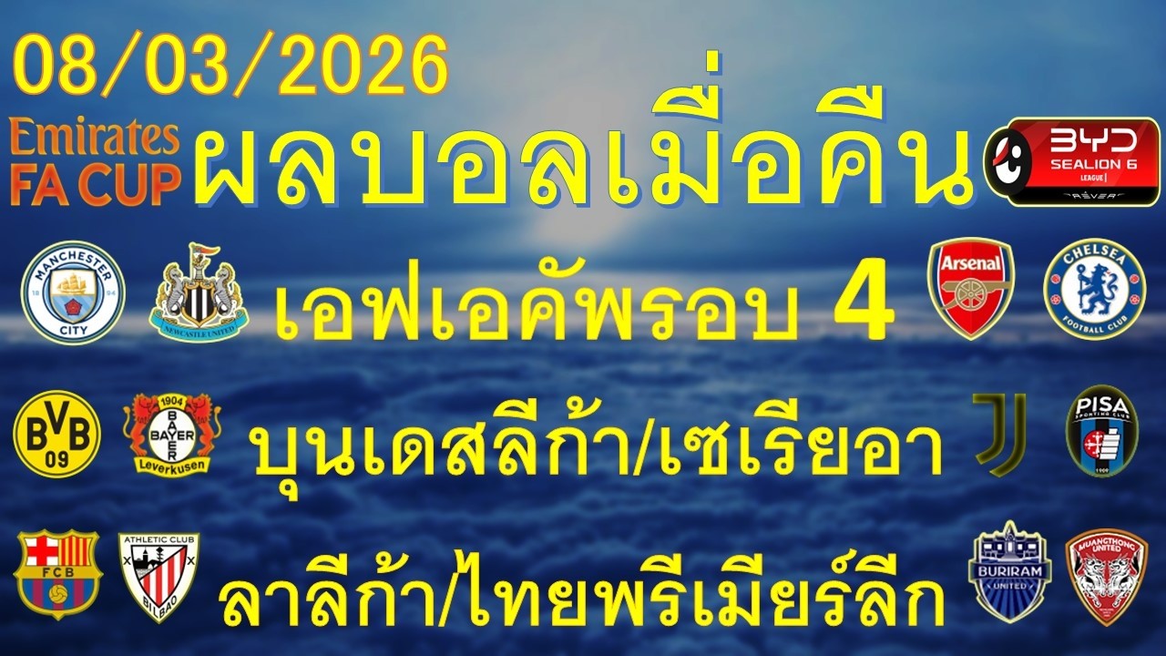 ผลบอลเมื่อคืน 08/03/2026/เอฟเอคัพรอบ4/บุนดสลีก้า/กัลโช่เซเรียอา/ลาลีก้า/ไทยพรีเมียร์ลีก