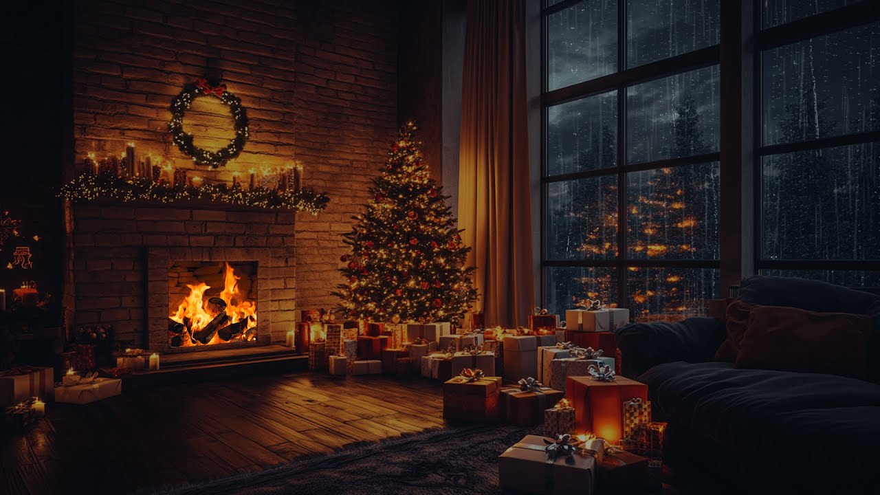 Cozy Christmas Rain | Fireplace Ambience for a Peaceful Holiday Night | Relaxing Rain Sounds