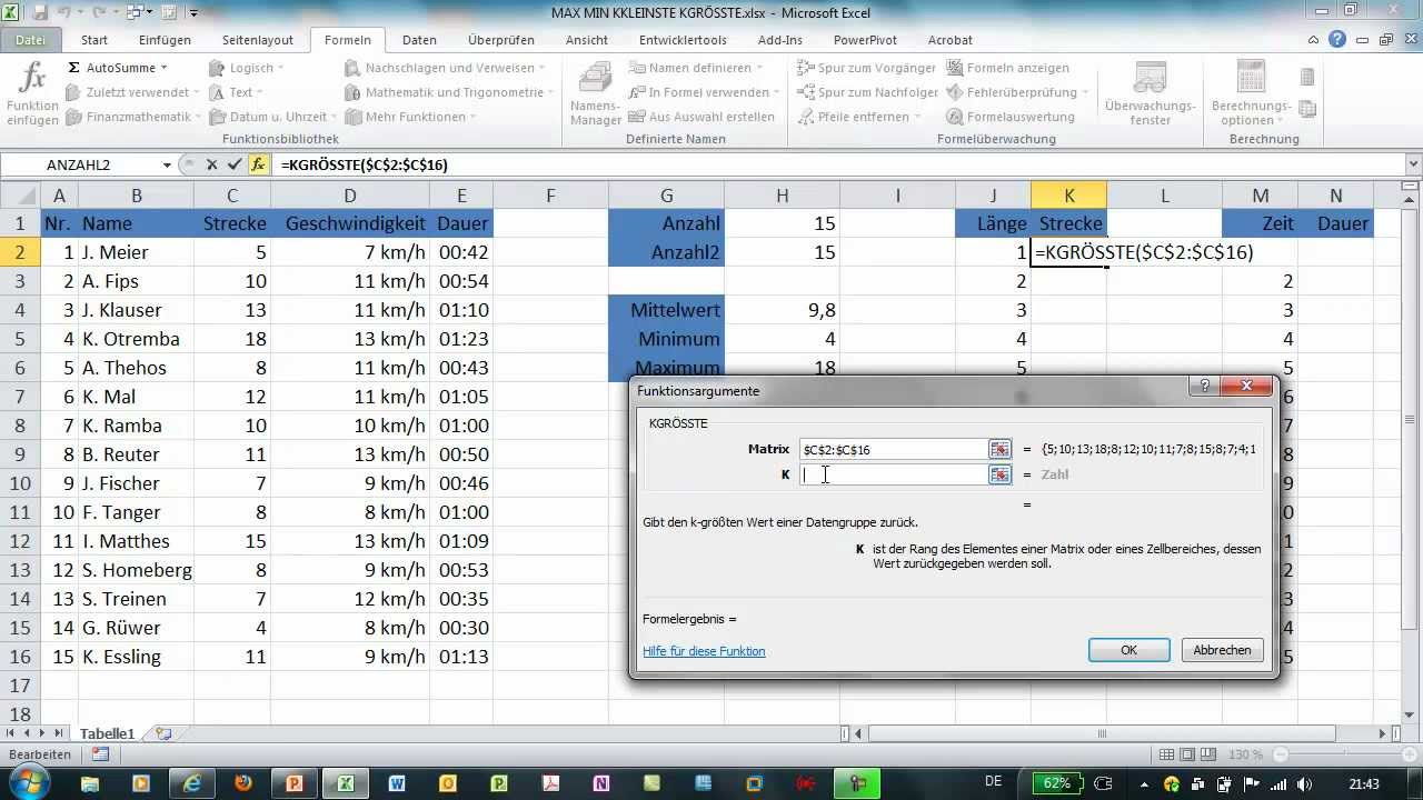 Excel - MIN, MAX, KKLEINSTE und KGRÖSSTE - Statistische Funktionen