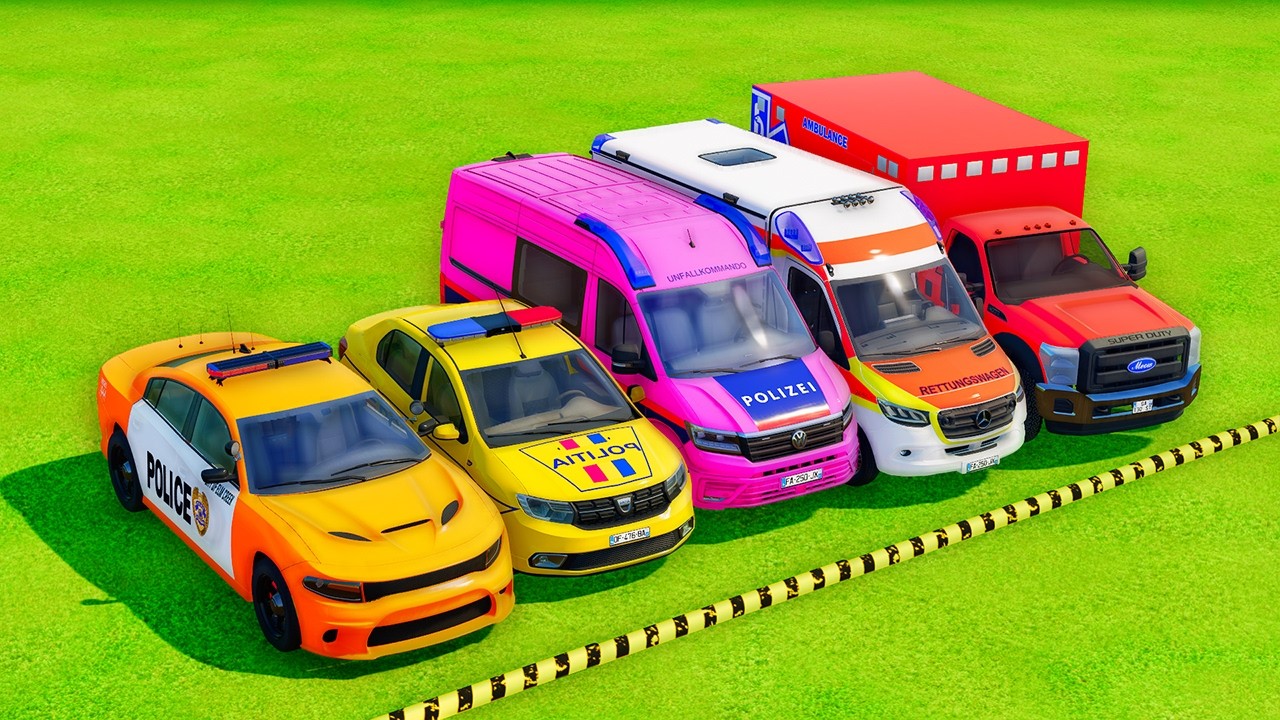 TRANSPORTING POLICE CARS, AMBULANCE, FIRE TRUCK, COLORFUL CARS WITH TRUCKS FARMING SIMULATOR 22!#054