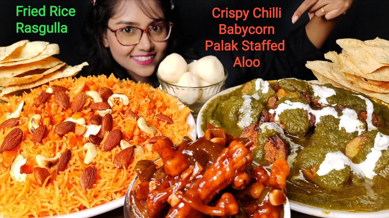 Eating Veg Fried Rice, Crispy Chilli Babycorn,Palak Staffed Aloo | Big bites | Asme Eating | Mukbang