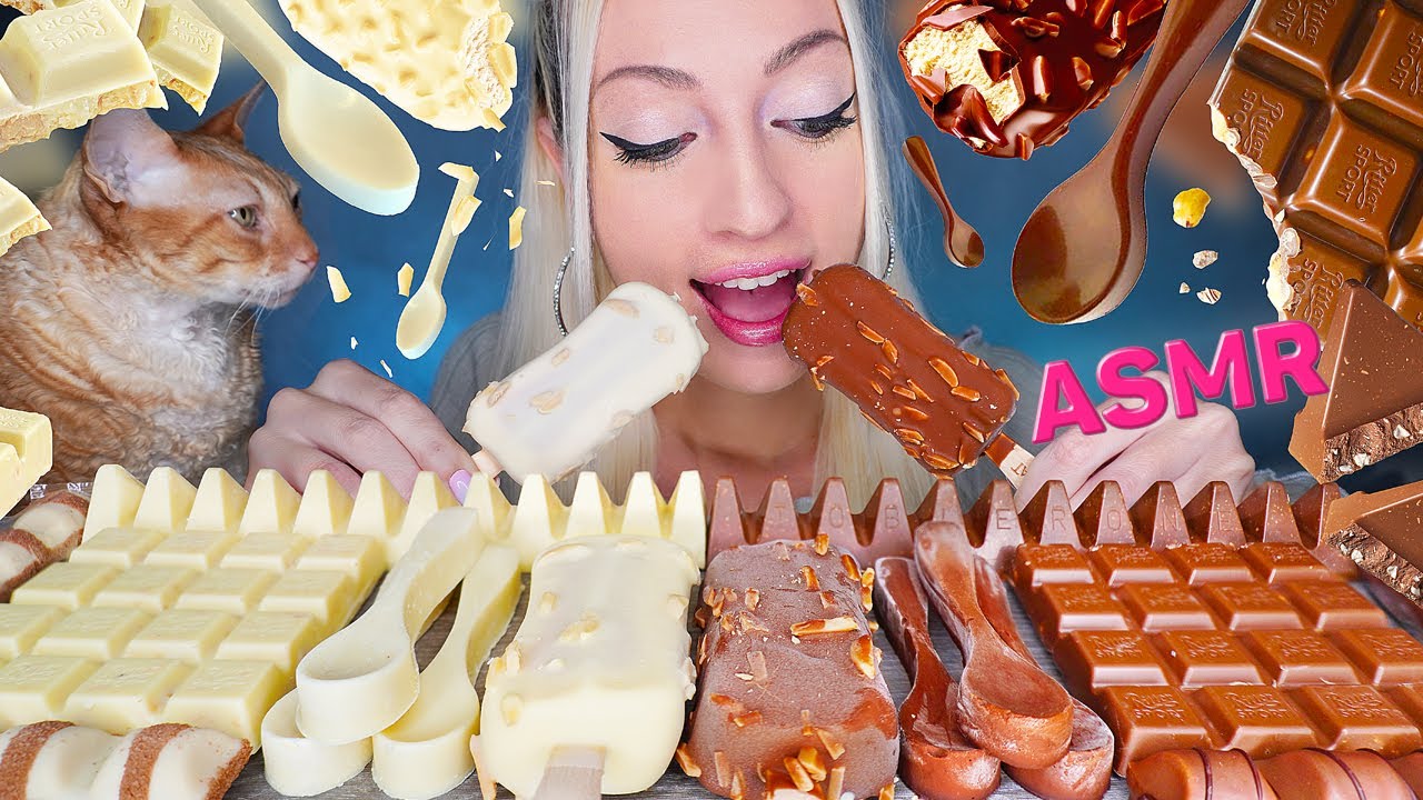ASMR EATING WHITE & MILK CHOCOLATE, ICE CREAM (KINDER, TOBLERONE, CHOCOLATE SPOONS, 초콜릿) MUKBANG 먹방