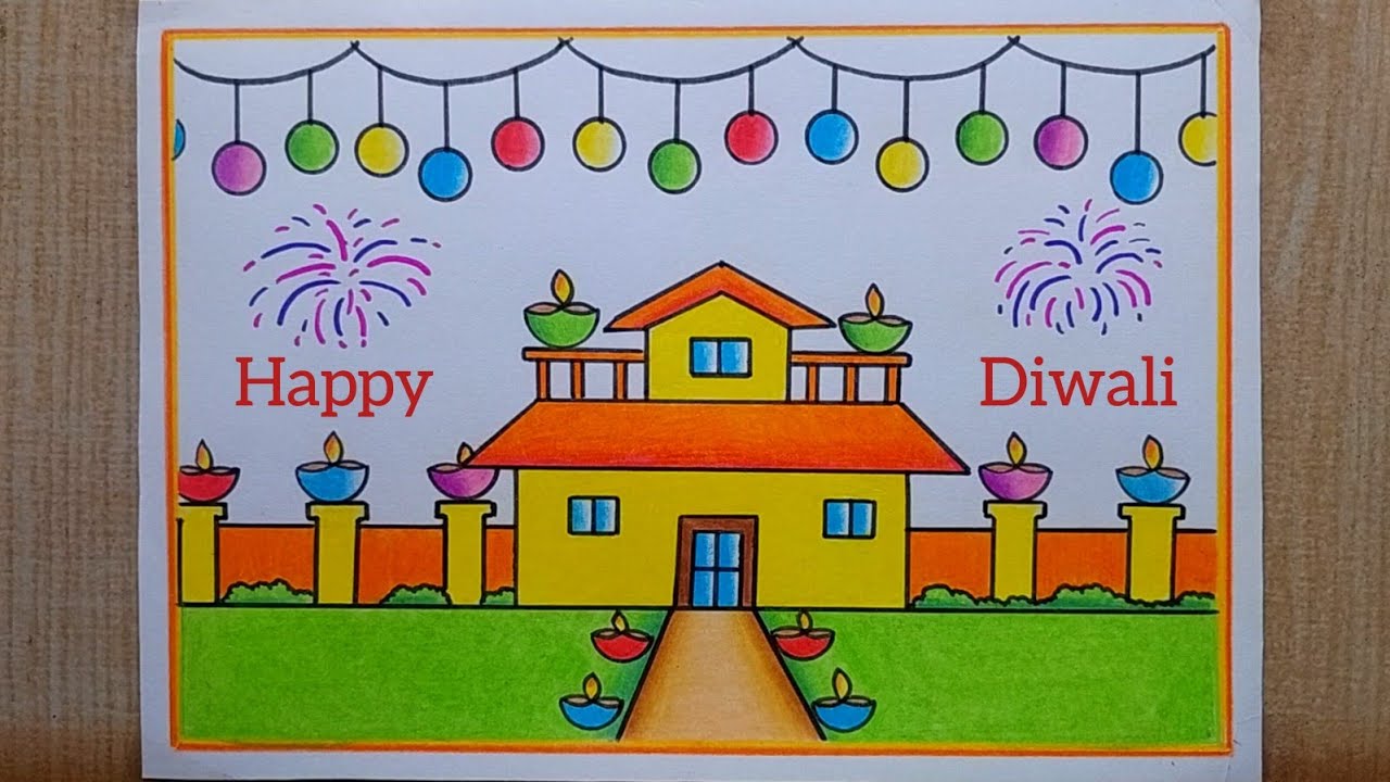 Diwali drawing| Happy Diwali drawing| Diwali Scenery drawing| Diwali Festival drawing| Diwali Diya 