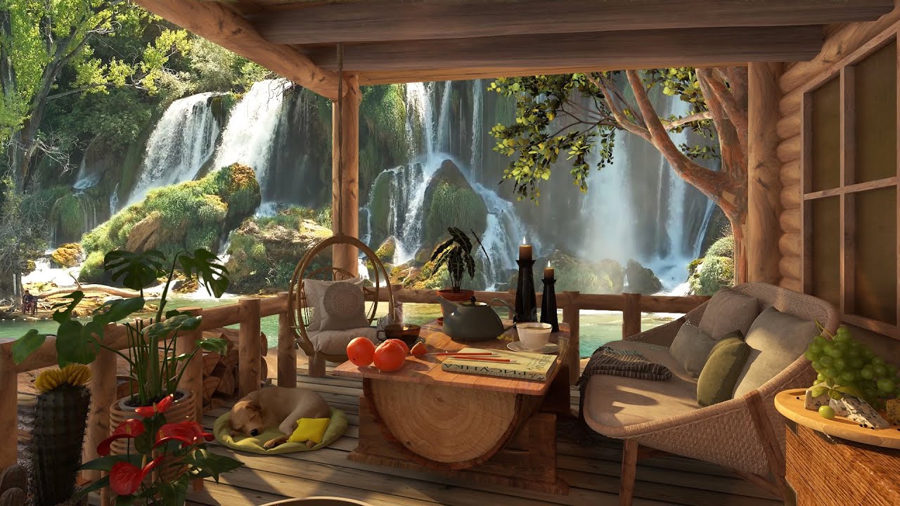 Beautiful Spring Waterfall view in Spring Day Ambience | Water and Bird Sounds for Relax