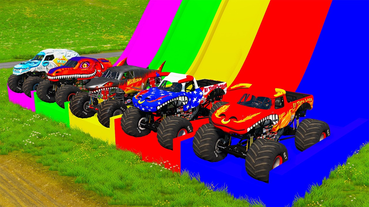Double Flatbed Trailer Monster Trucks Transport with Slide Color - Cars vs Speed bump - BeamNG #107
