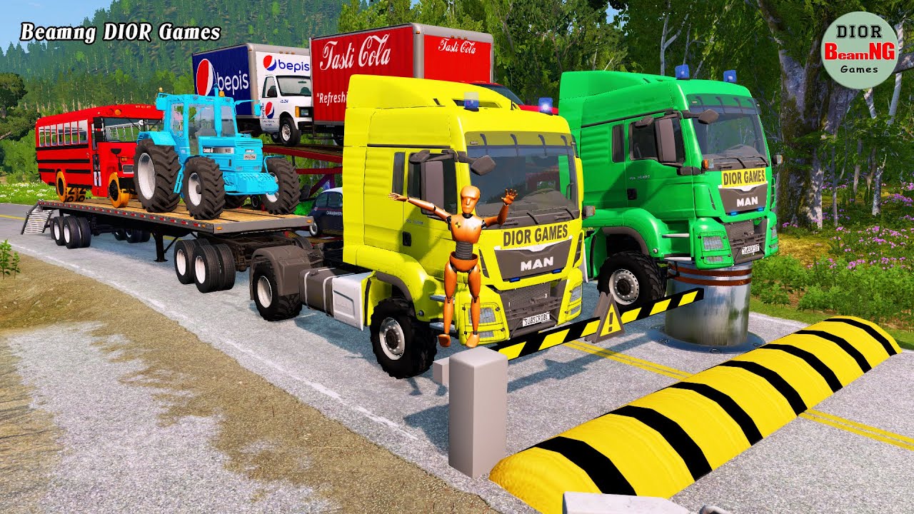 Double Flatbed Trailer Truck vs speed bumps|Busses vs speed bumps|Beamng Drive|387