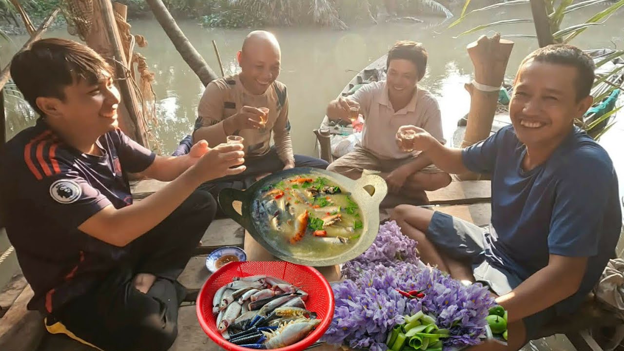 Cùng Bin Đen giăng lưới trên sông. LẨU BẦN CÁ NGÁT, TÔM, CÁ ĐỐI anh em lai rai - Sông Nước Bến Tre