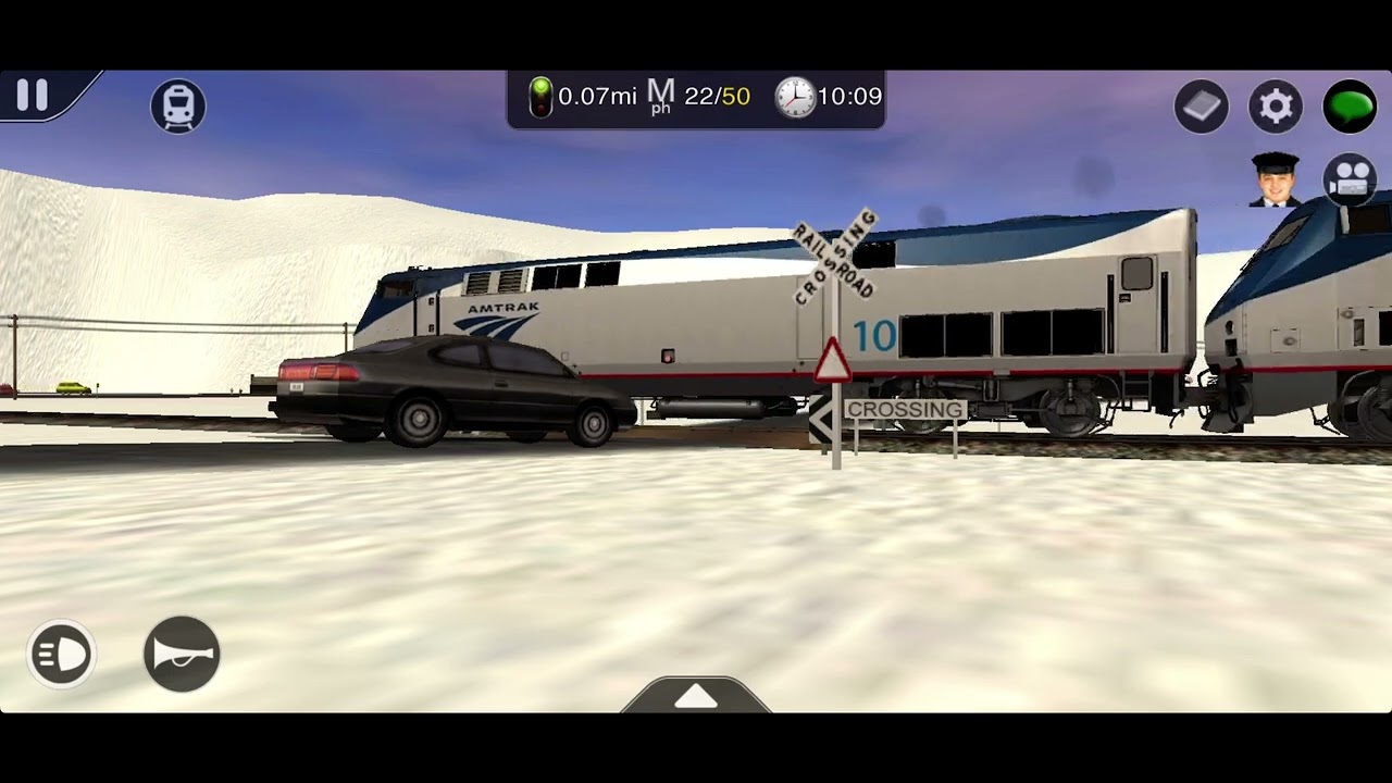 Trainz Driver 2: Amtrak Train Passes a Private Railroad Crossing in the Snow.