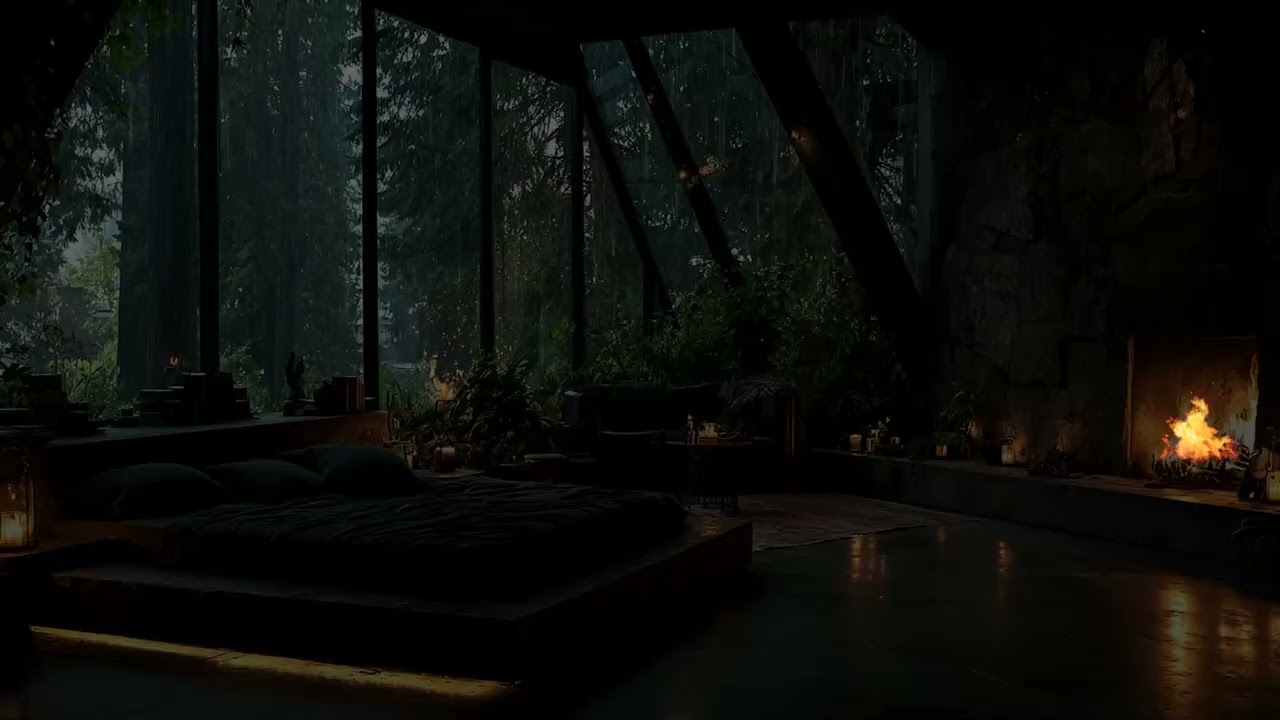 Rainy Night Sleep  Rain and Fireplace Harmony for Nighttime Relaxation   Rainy Night Retreat