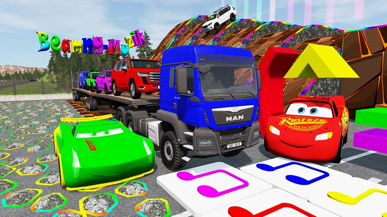 Flatbed Truck McQueen  Transportation with Truck  Musical Notes vs Car #10  BeamNG Drive Gameplay